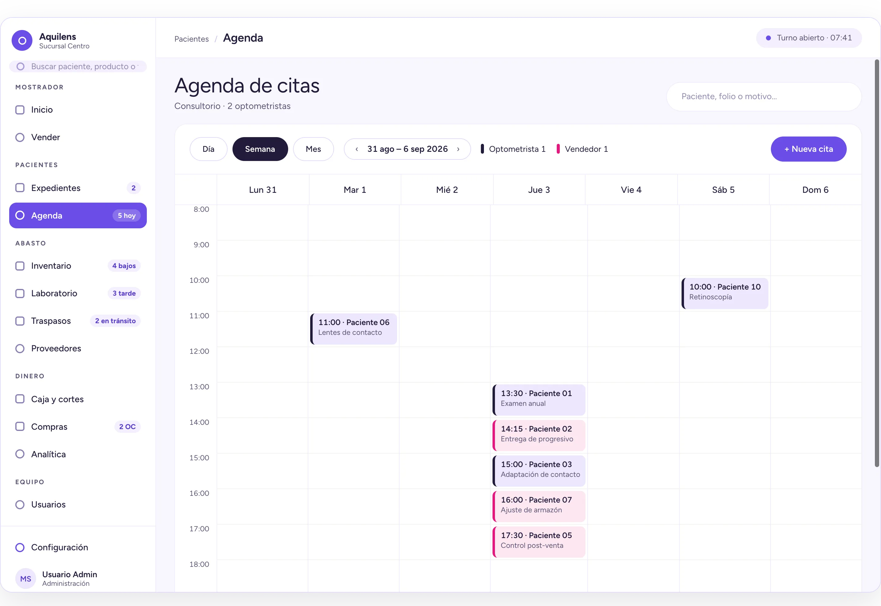 Agenda semanal de Aquilens con los exámenes, entregas y controles de cada optometrista