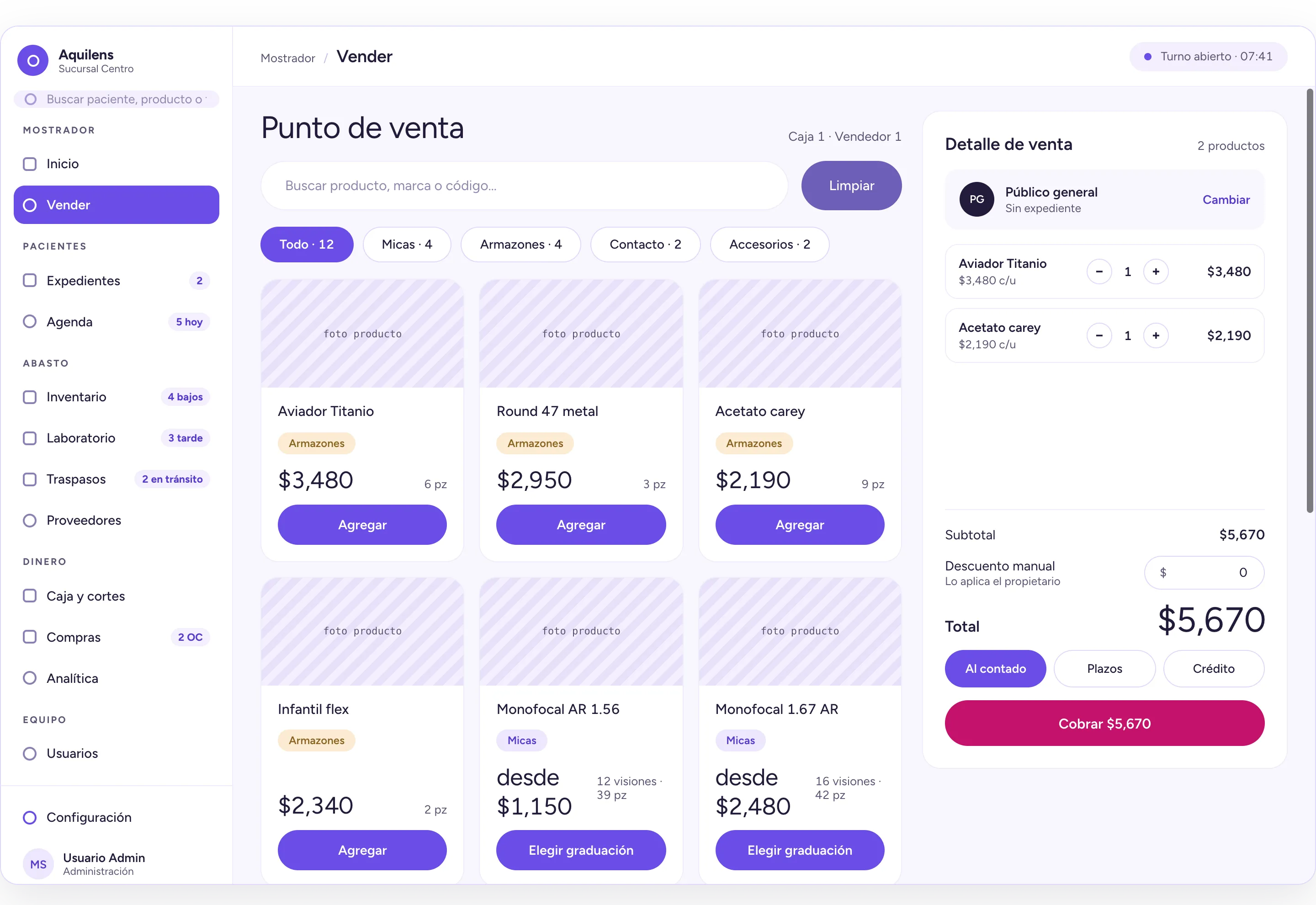 Punto de venta de Aquilens: catálogo, detalle de la venta con dos productos, descuento y total a cobrar